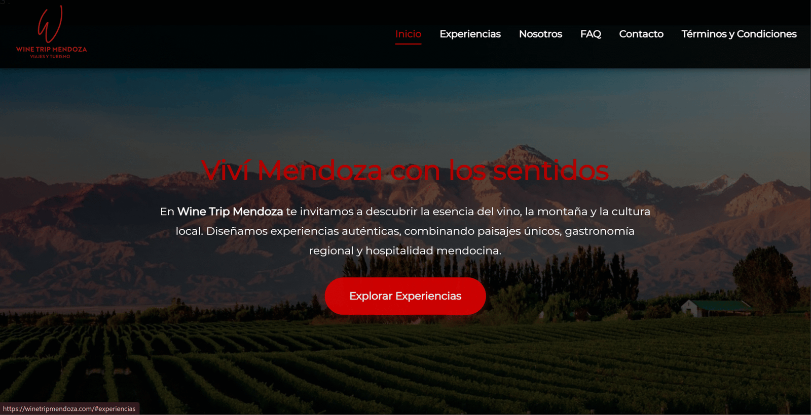 Captura de pantalla del sitio web Wine Trip Mendoza desarrollado por Studio Milano