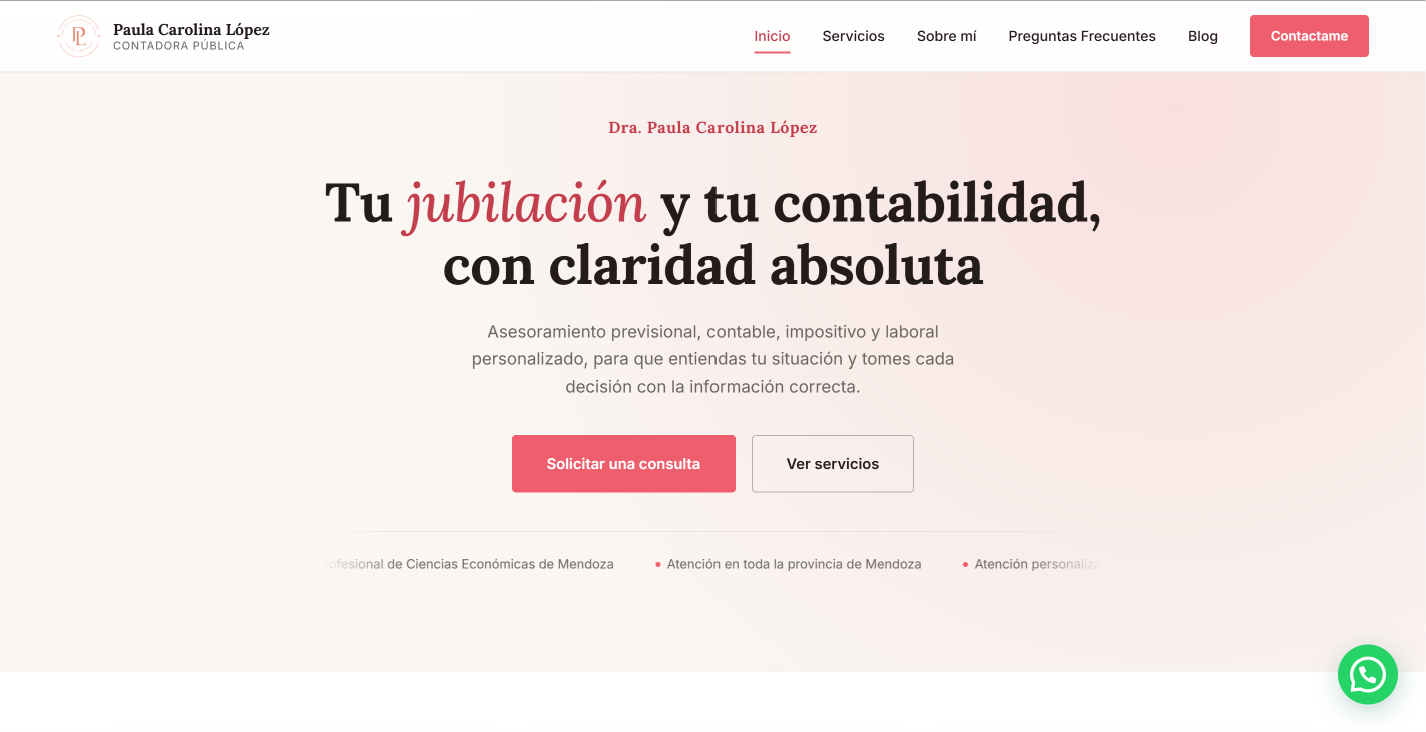 Captura de pantalla del sitio web Dra. Paula Carolina López, Contadora Pública, desarrollado por Studio Milano